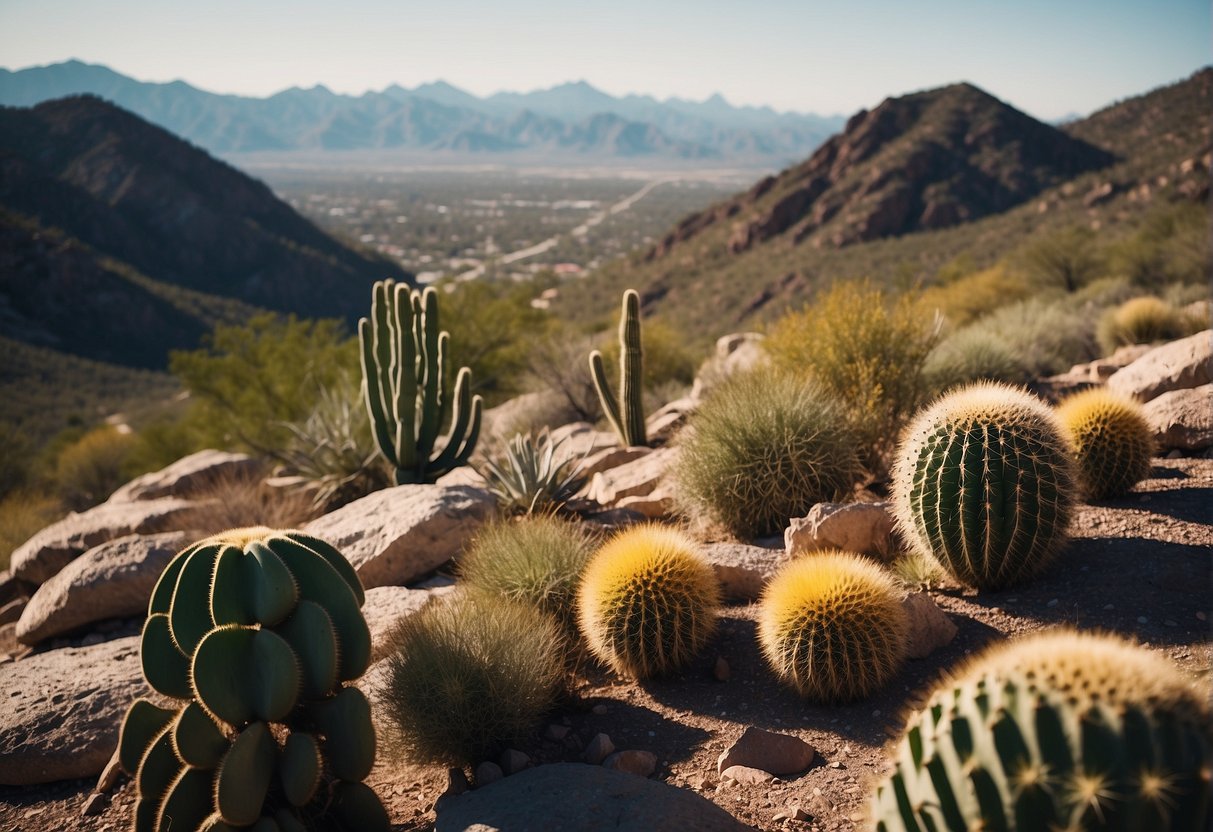 A panoramic view of rugged mountains and winding trails in the desert landscape of Las Cruces, with cacti and other native plants dotting the terrain