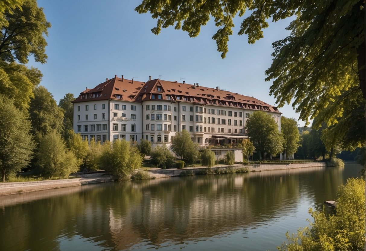 The Wesenufer Hotel & Seminar Culture on the Danube is nestled in a picturesque setting with the river flowing peacefully in the background, surrounded by lush greenery and charming architecture