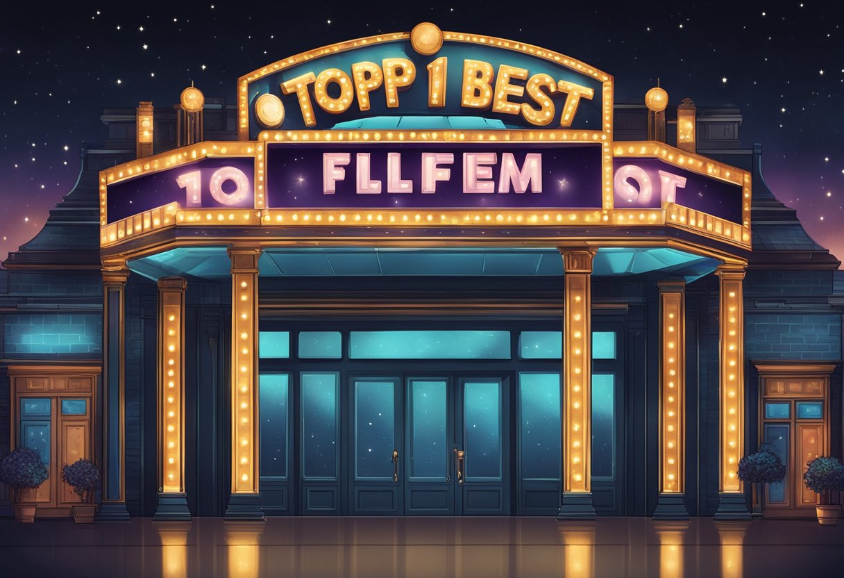 A glowing movie marquee displaying "Top 10 Best Films Prime Video" against a dark night sky