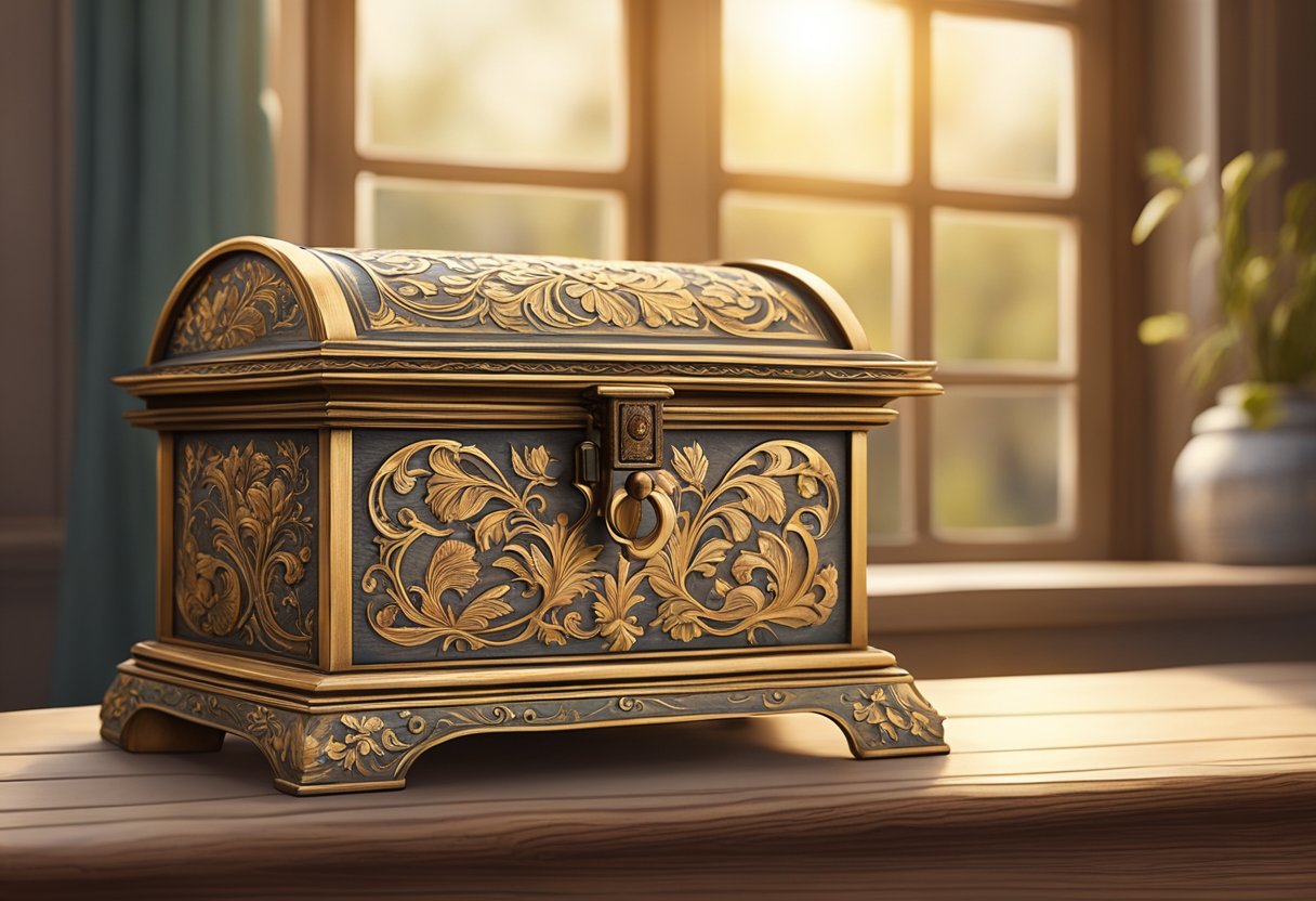 A vintage music box sits on a wooden table, adorned with intricate carvings and delicate floral patterns. The sunlight filters through the window, casting a warm glow on the aged brass and faded paint