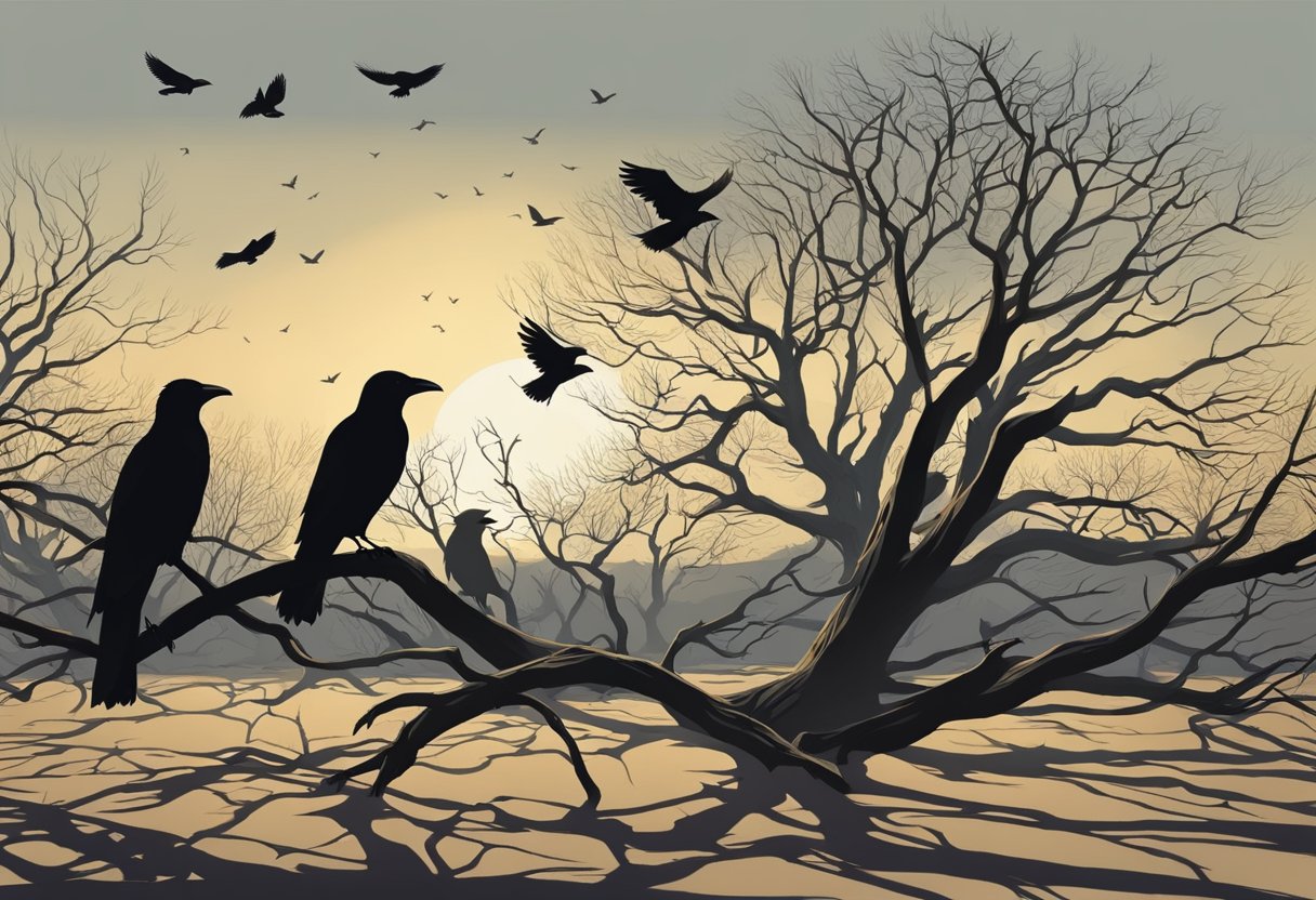 A murder of crows perched on a barren tree, casting ominous shadows on the ground below, evoking a sense of foreboding and mystery
