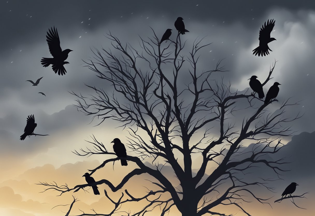 A murder of crows perched on a barren tree, their dark silhouettes against a stormy sky, symbolizing death and darkness in biblical dreams