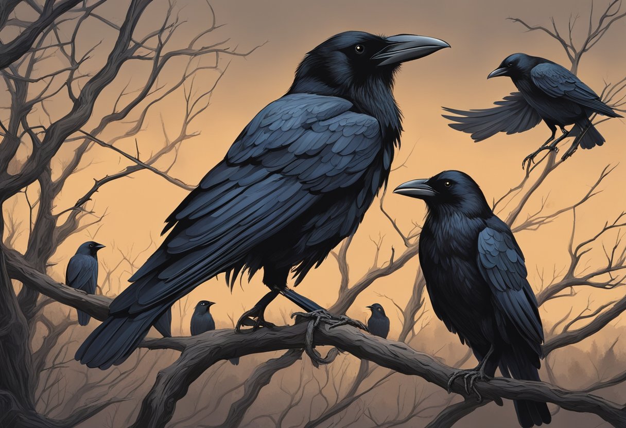 A murder of crows perched on bare branches, surrounded by darkness and a sense of foreboding