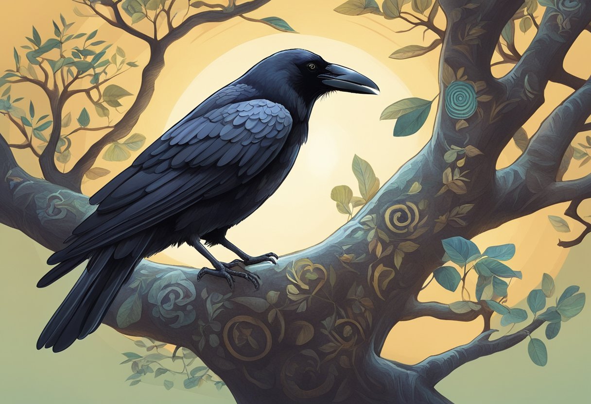 A crow perched on a tree branch, surrounded by symbols of different cultures and religions, with a spotlight shining down on it