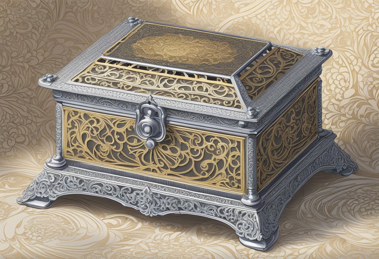 A vintage Sankyo music box sits on a lace-covered table, its delicate design and intricate details catching the light