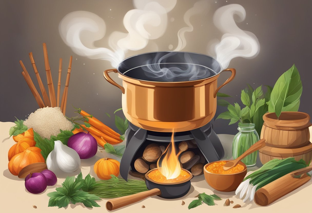 A pot boils over a fire, emitting fragrant steam, surrounded by various ingredients and utensils, symbolizing spiritual nourishment and transformation in a dream