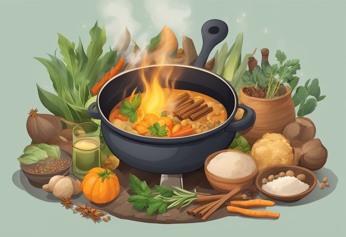 A pot boils over a fire, surrounded by various ingredients and spices, symbolizing the biblical interpretation of cooking in a dream