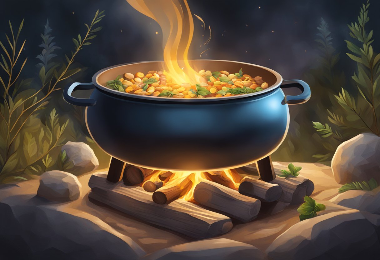 A pot of manna boils over a campfire, surrounded by heavenly light and symbols of abundance