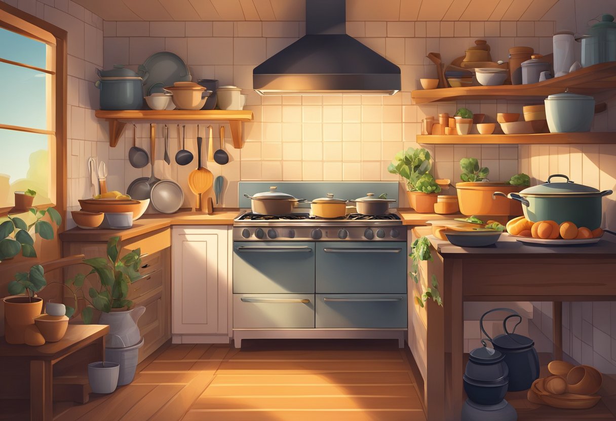 A kitchen filled with various ingredients, pots, and pans, with a warm glow emanating from the stove, creating an inviting and comforting atmosphere