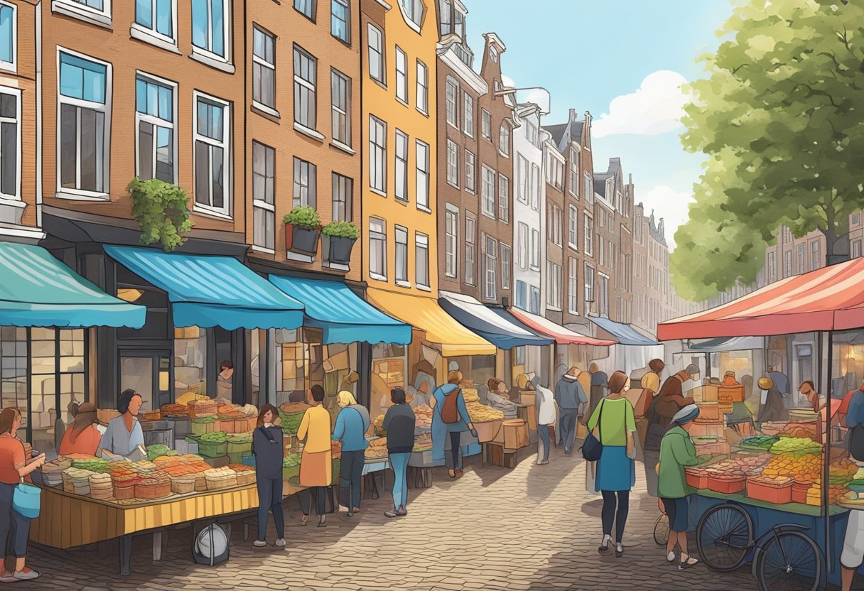A bustling street scene with colorful food stalls lining the cobblestone streets of Amsterdam. People are gathered around, enjoying a variety of budget-friendly street foods from vendors