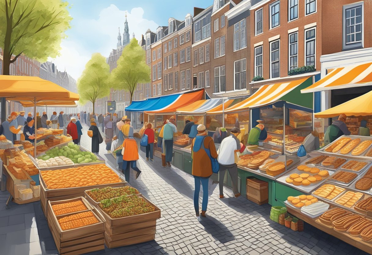 A bustling street market in Amsterdam showcases a colorful array of local delicacies, from freshly baked stroopwafels to savory Dutch pancakes, all at budget-friendly prices