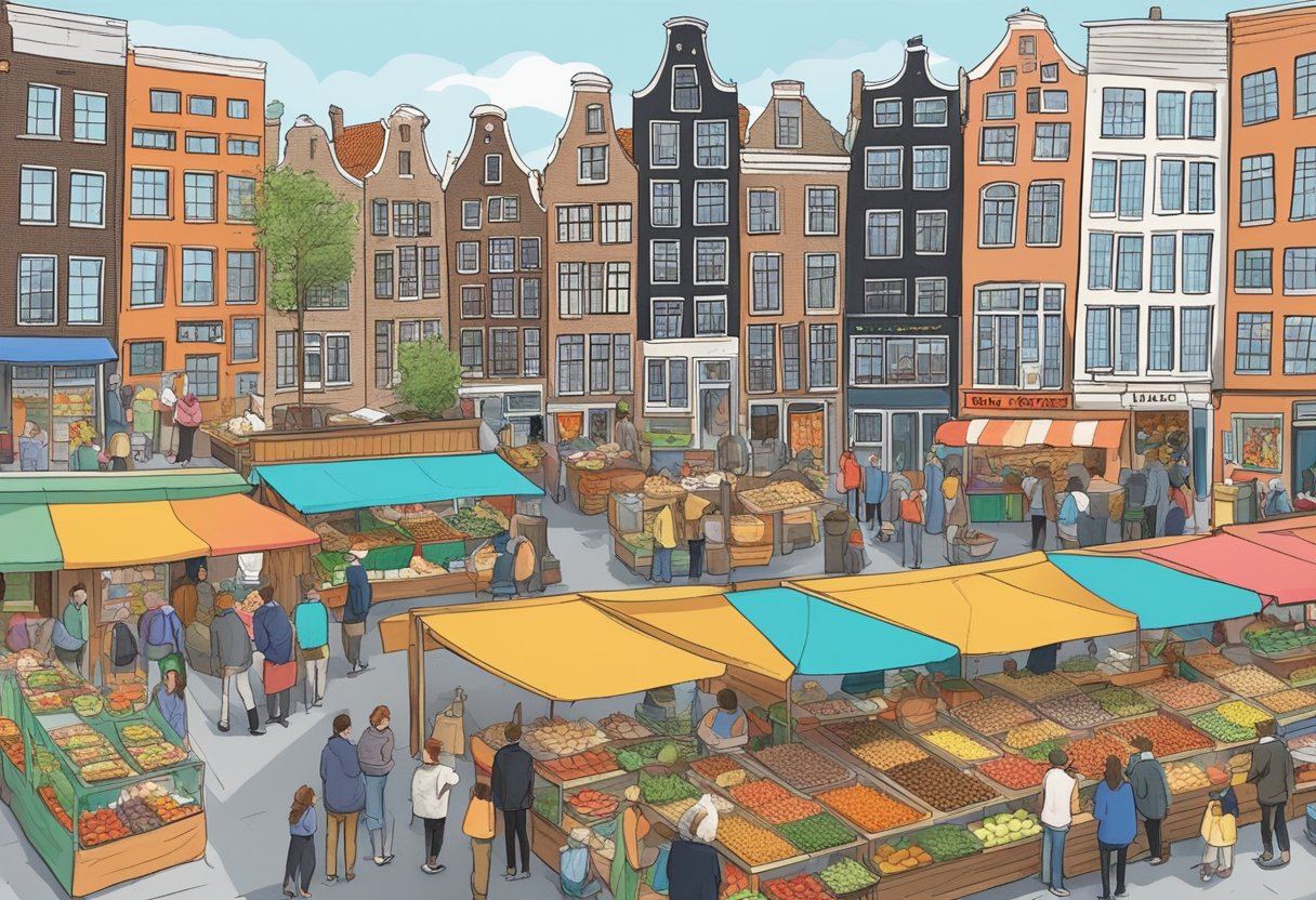 A bustling food market in Amsterdam, with colorful stalls selling a variety of budget-friendly eats. The aroma of freshly cooked food fills the air as locals and tourists browse the different options