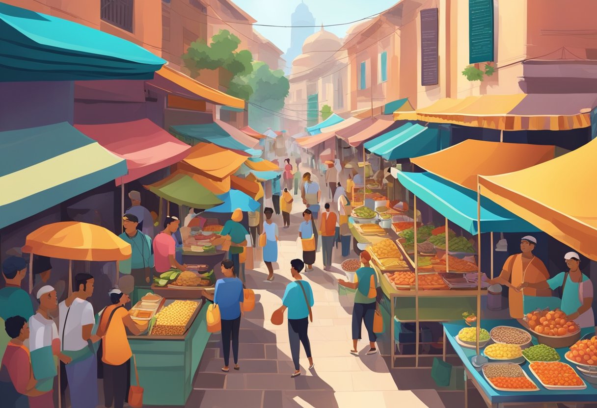 Colorful street market with bustling food stalls, serving up diverse cuisines. A mix of locals and tourists enjoy budget-friendly bites in a vibrant, multicultural setting
