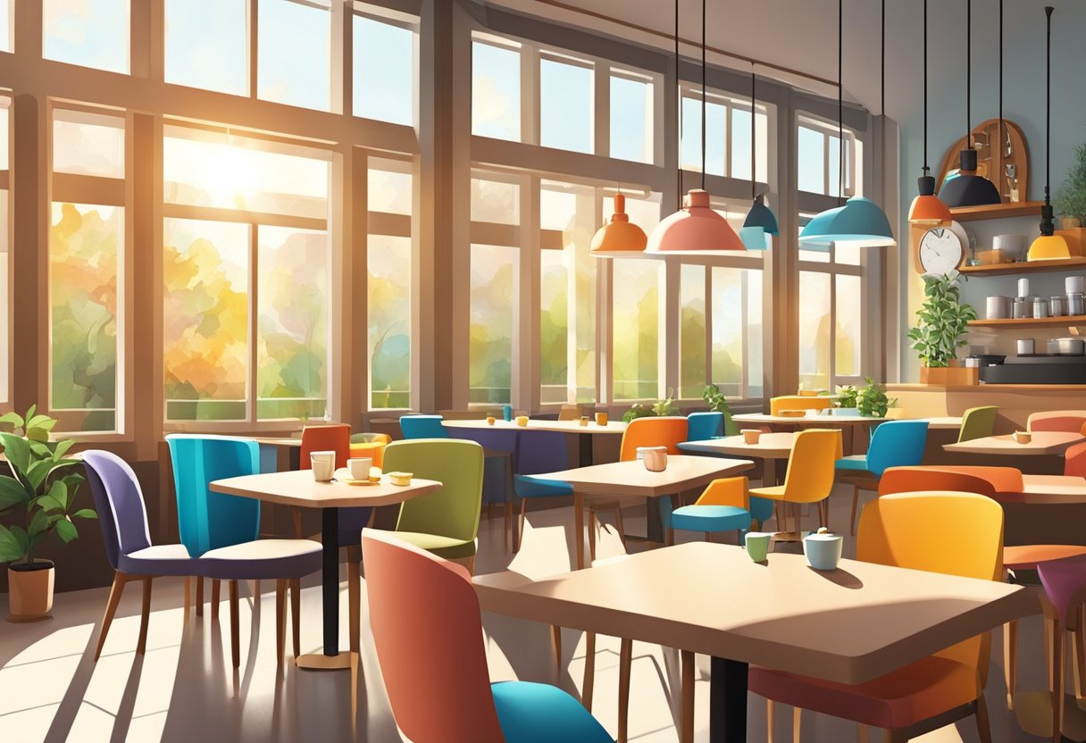 A cozy cafe with colorful tables and chairs, serving up delicious and affordable breakfast options. Sunlight streams in through large windows, creating a warm and inviting atmosphere