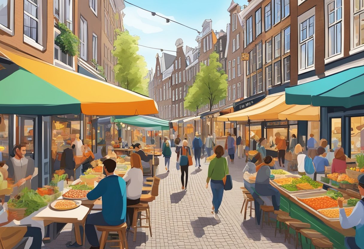 A bustling street in Amsterdam with colorful food stalls and lively outdoor dining. A variety of budget-friendly dishes are being served, enticing passersby with delicious aromas