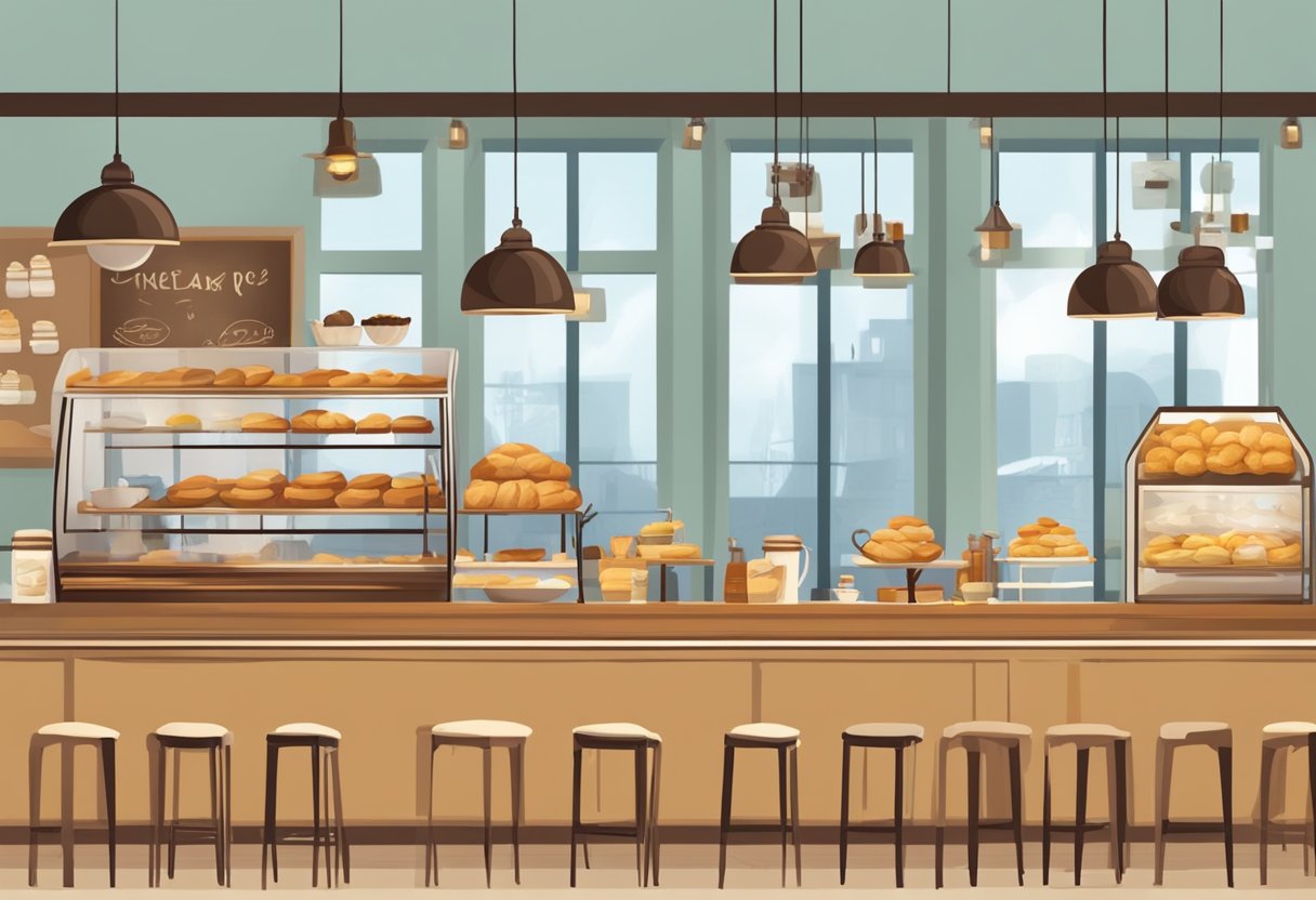 A cozy coffee shop with a display of freshly baked pastries and bread. Customers enjoy their drinks at small tables while the aroma of coffee fills the air