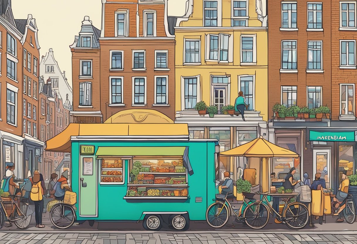 Colorful food trucks and pop-up stalls line the bustling streets of Amsterdam, offering a variety of budget-friendly eats. The aroma of sizzling street food fills the air as locals and tourists alike indulge in the vibrant culinary scene