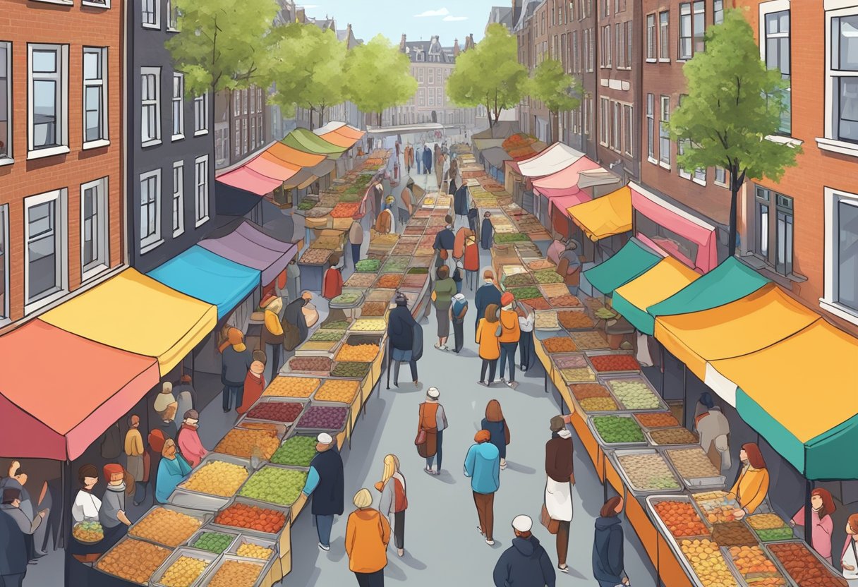 A bustling street market with colorful food stalls, serving up a variety of affordable and delicious dishes. Customers eagerly line up to sample the best budget eats in Amsterdam