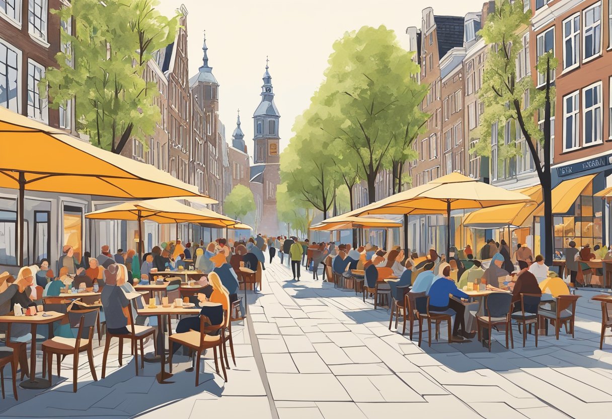 A bustling Amsterdam street lined with outdoor cafes and cozy restaurants serving up delicious budget-friendly meals. Tables are filled with locals and tourists enjoying the vibrant dining scene