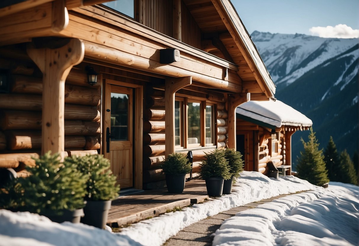 A cozy alpine lodge nestled among lush forests and rolling hills, with a charming wooden exterior and a backdrop of snow-capped mountains