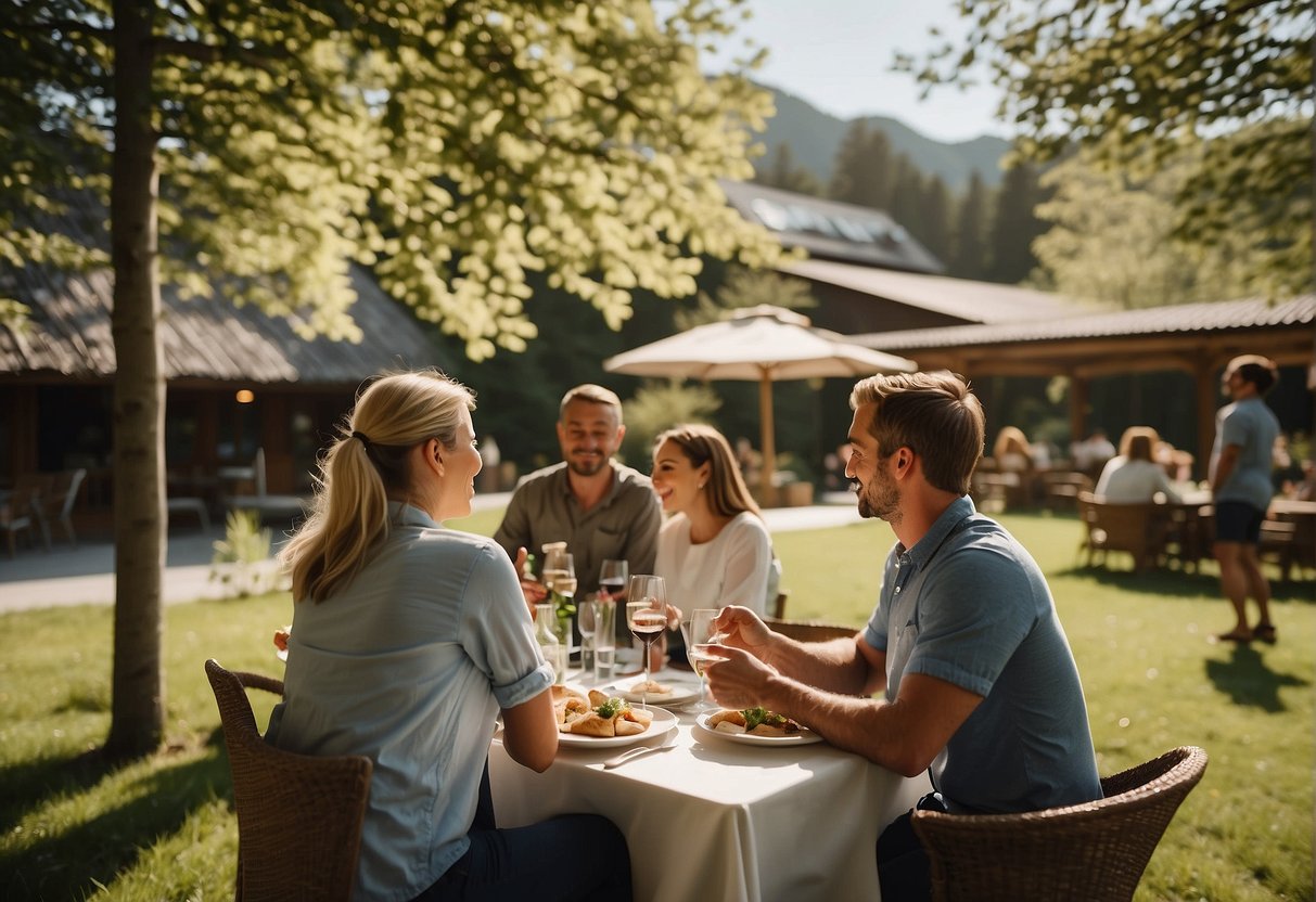 Guests enjoying outdoor activities at Naturparkhotel Bauernhofer. Staff providing services with smiles. Beautiful natural surroundings