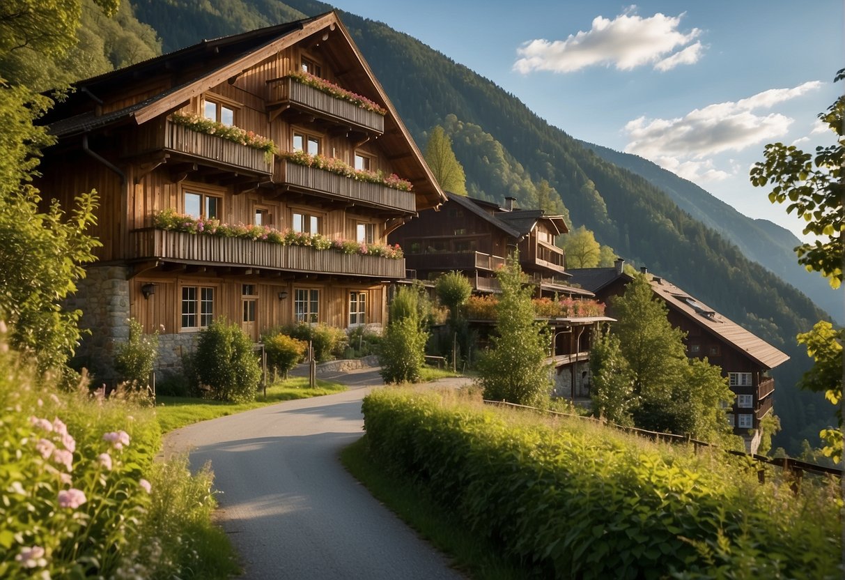 The Naturparkhotel Bauernhofer is surrounded by lush greenery and rolling hills. The rustic charm of the hotel is evident in its wooden architecture and traditional Austrian decor. A sign with "Preise und Buchungsinformationen" is displayed