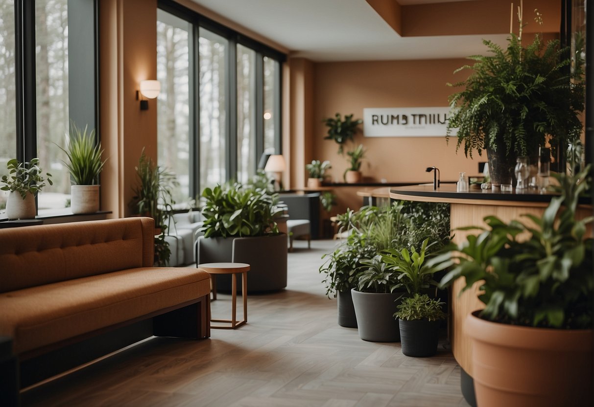A cozy hotel lobby with a reception desk, potted plants, and a comfortable seating area. A sign on the wall reads "Frequently Asked Questions Naturparkhotel Bauernhofer"