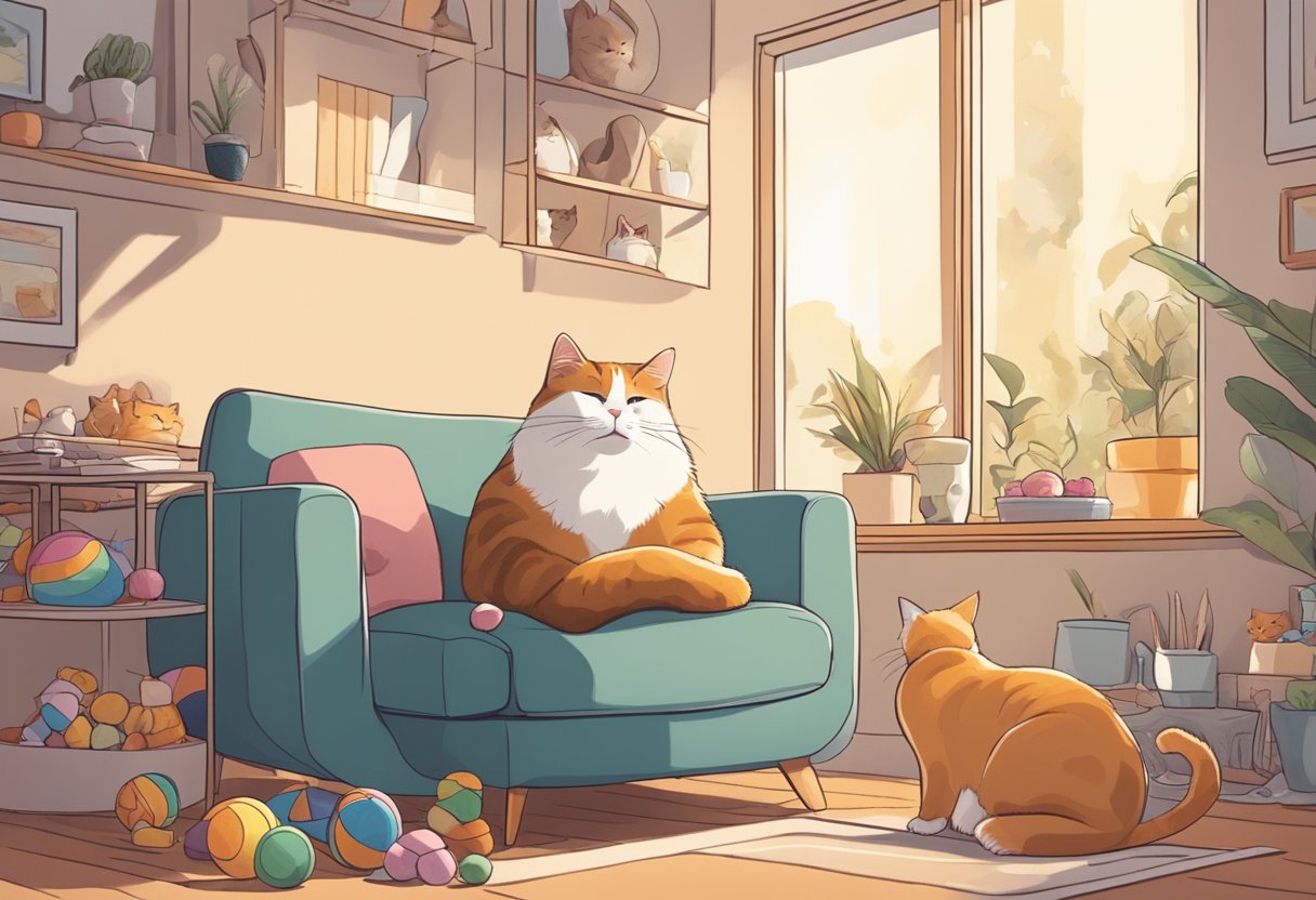 A cat sitting in a cozy, sunlit room, surrounded by toys and treats. A person gently petting the cat and speaking softly