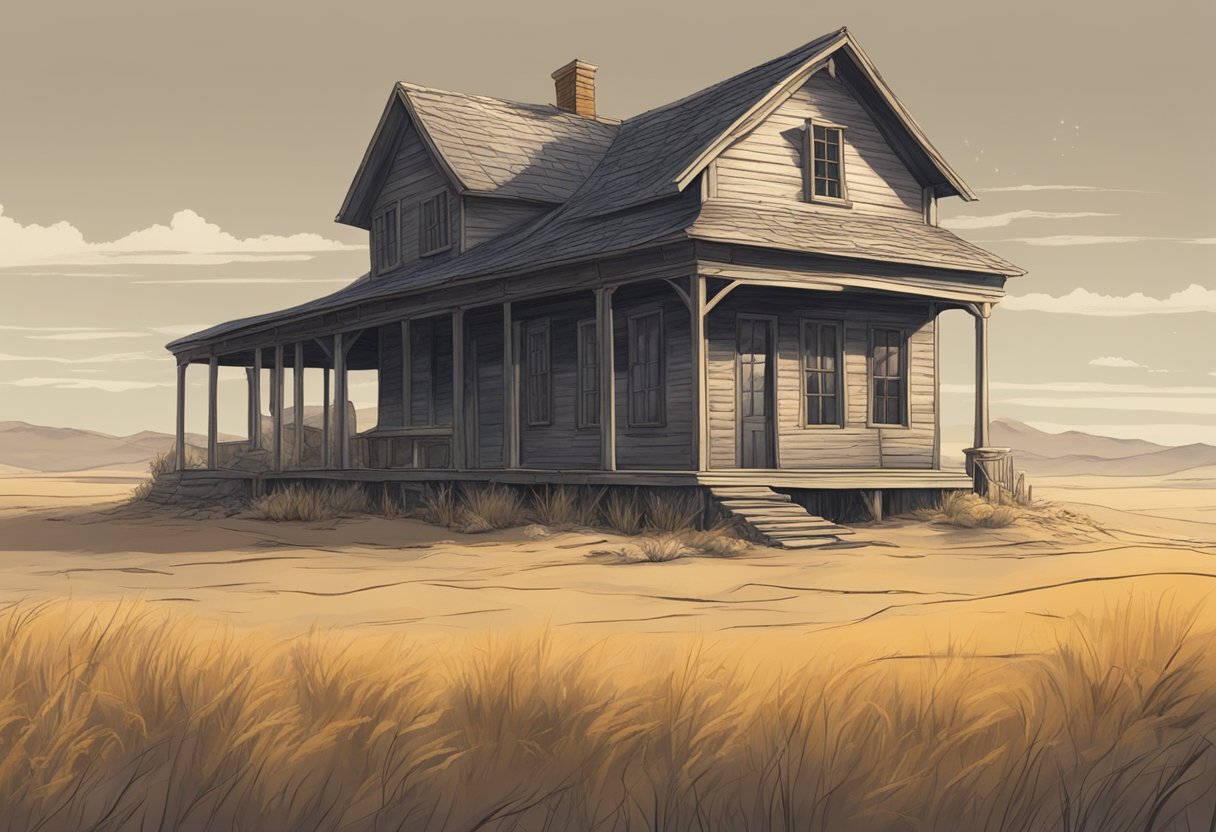 An old, weathered house stands amidst a barren landscape, symbolizing the passage of time and the deep-rooted history and wisdom found within