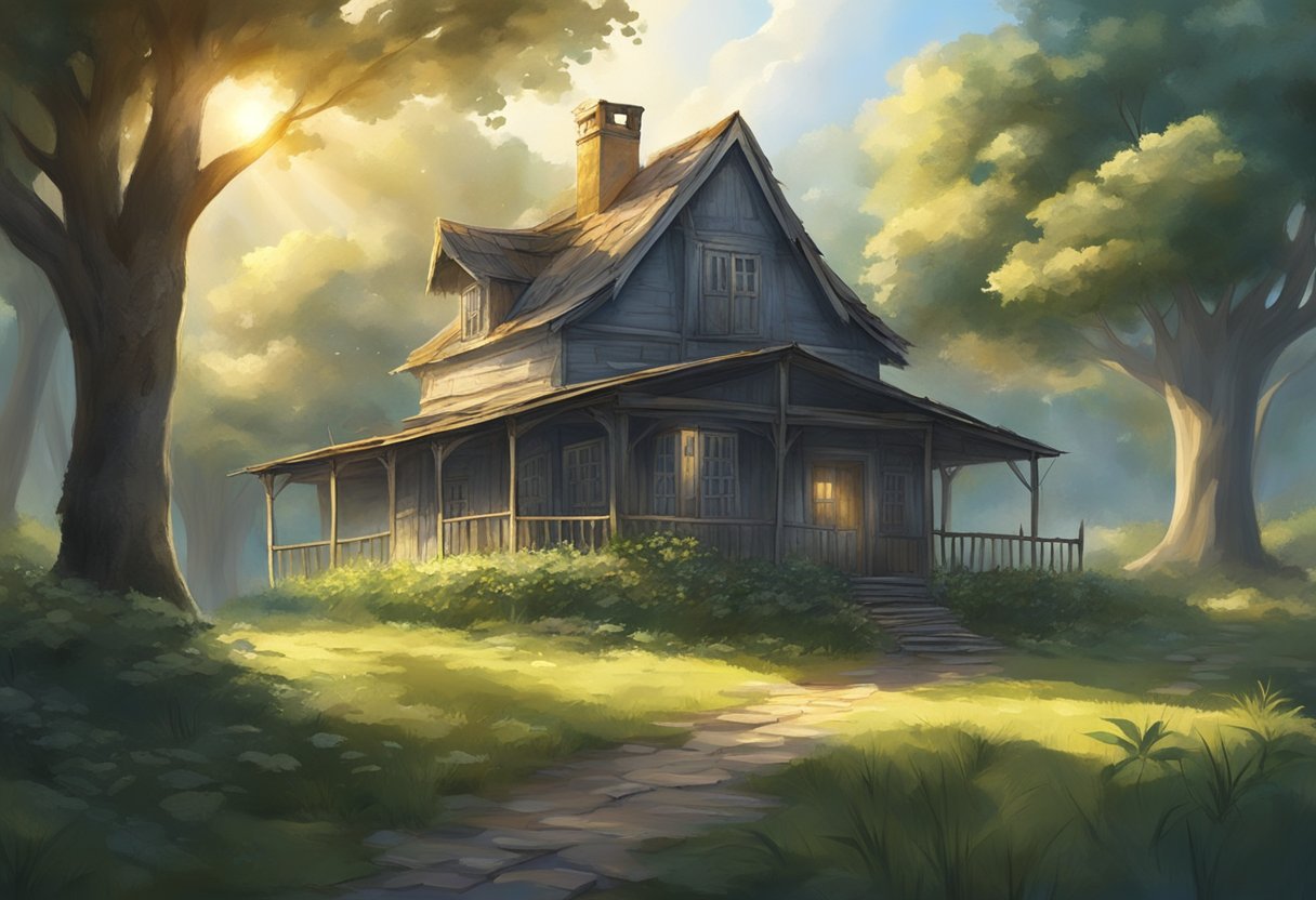 A dilapidated old house stands amidst a serene landscape, with rays of light shining down upon it, symbolizing spiritual significance in dreams