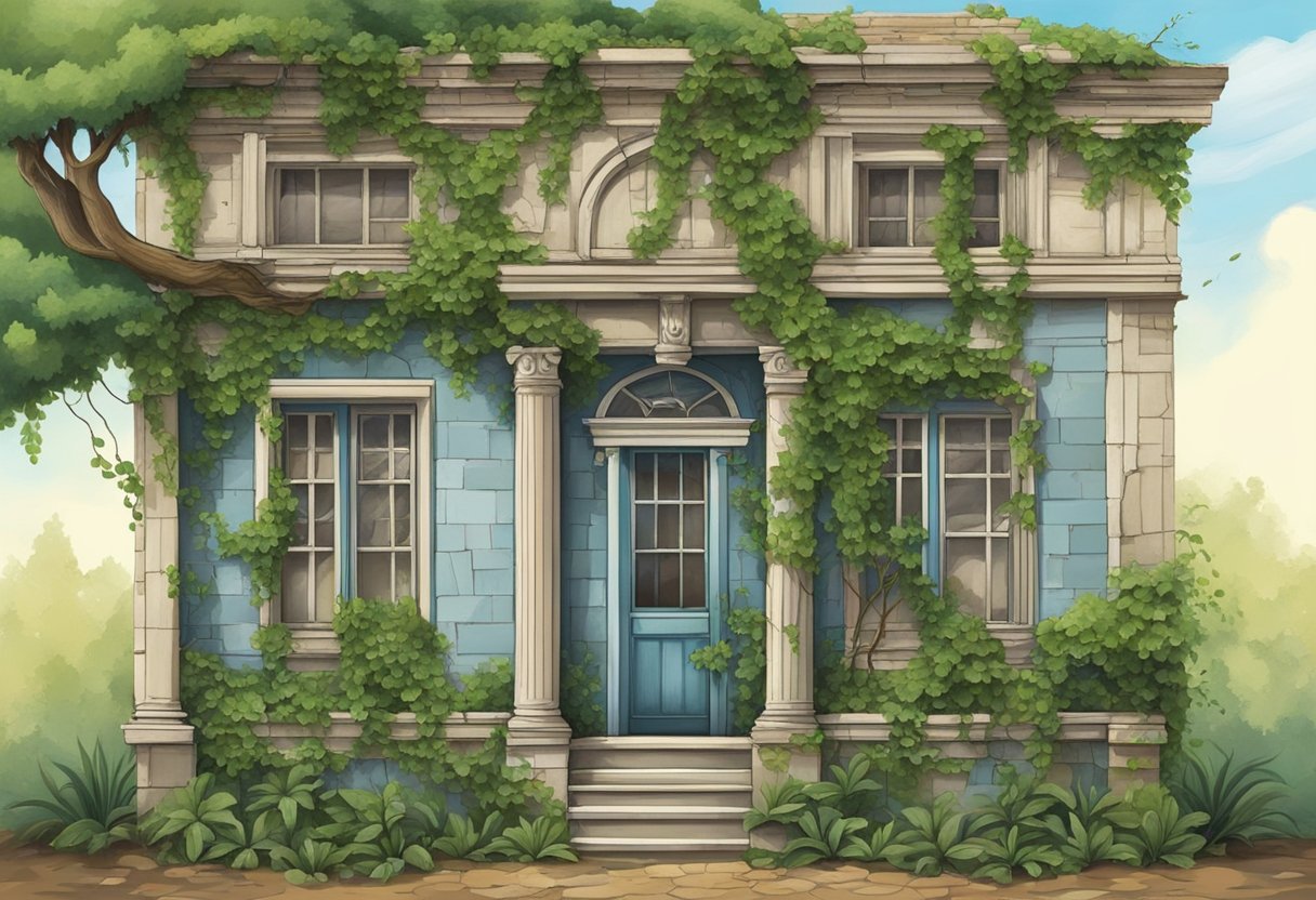 An old house with cracked walls and overgrown vines, symbolizing transitions and life changes