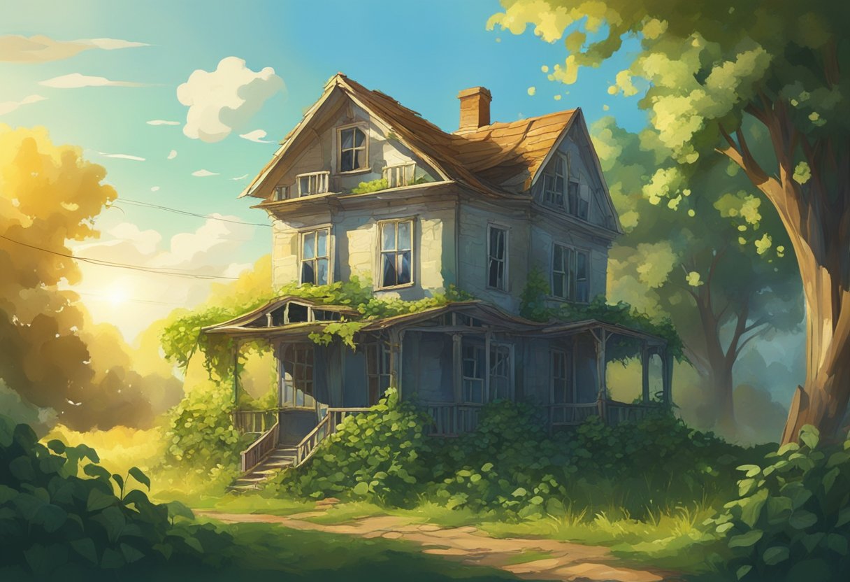 A dilapidated old house stands amidst overgrown vines, with light shining through broken windows, symbolizing the recurring themes in dreams of old houses