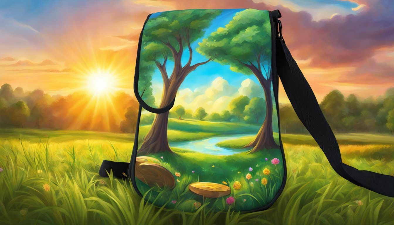 A Disc golf sling bag sits on a grassy field, with discs peeking out of the front pocket. The sun shines down, casting shadows on the bag