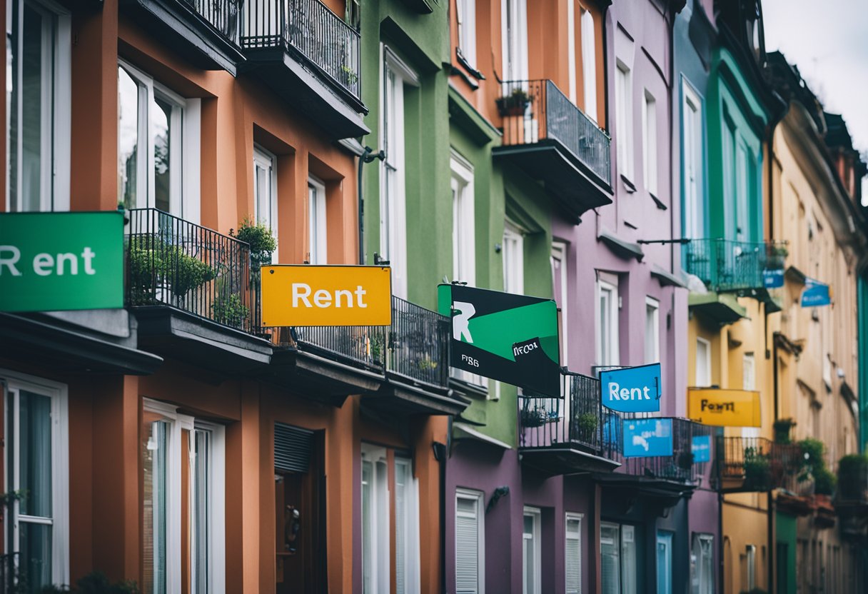 Several colorful houses with "For Rent" signs in Berlin, Germany