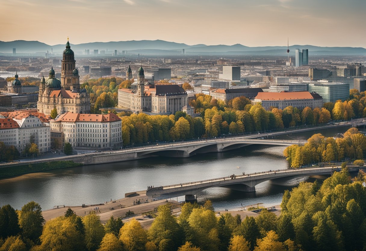 A scenic view of Berlin, Germany with mountains in the background and various recreational areas and outdoor activities such as hiking, biking, and picnicking