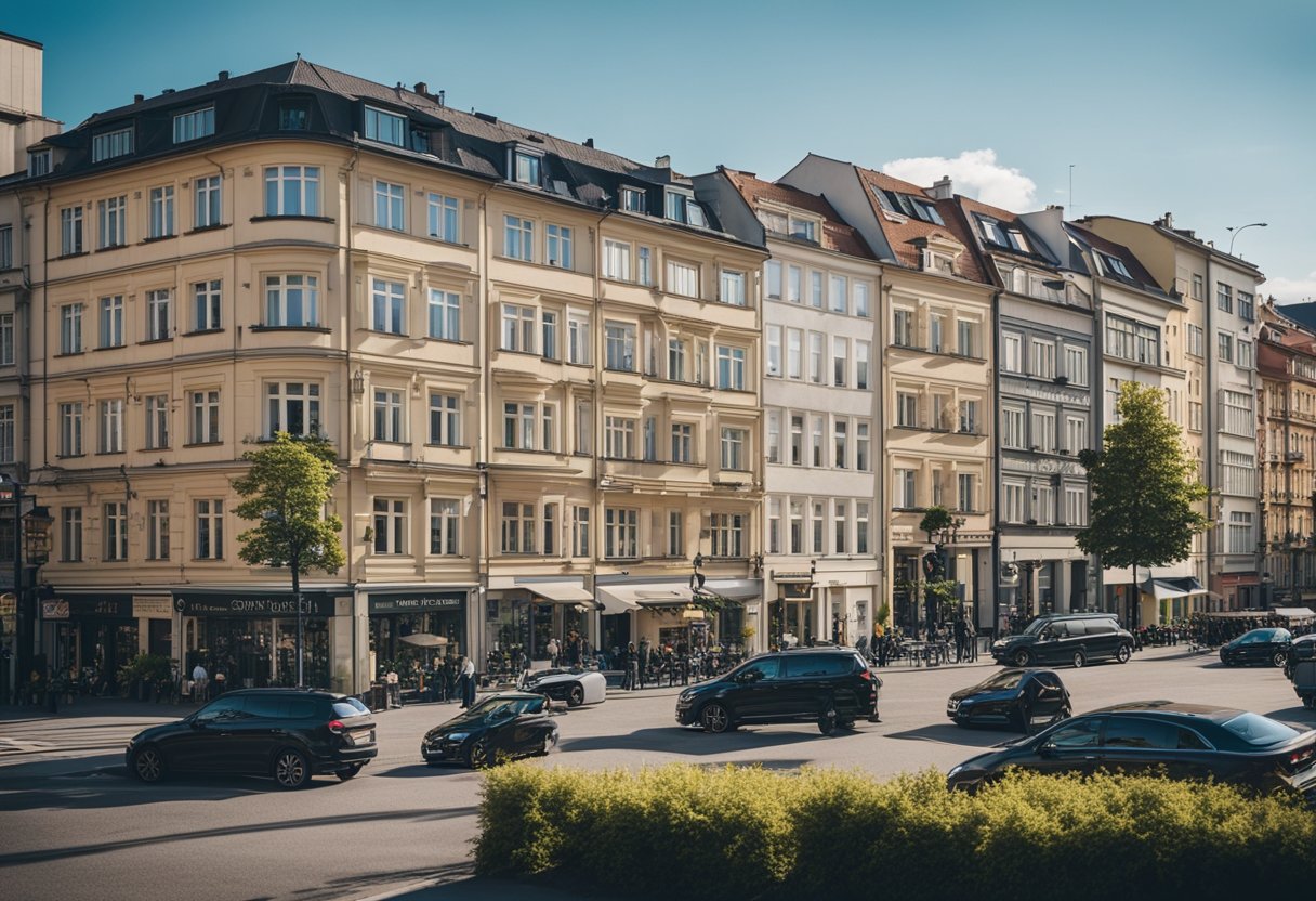 Eine belebte Straße in Berlin mit einer Vielzahl von Häusern und Wohnungen zur Miete. Man sieht Menschen, die verschiedene Gebäude betreten und verlassen, während Immobilienschilder die Bürgersteige säumen