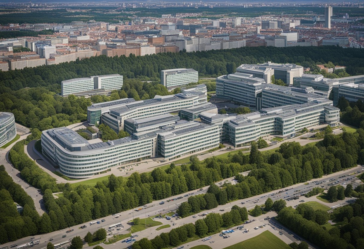 Luftaufnahme des weitläufigen Campus der Charité - Universitätsmedizin Berlin, dem größten Krankenhaus in Berlin, Deutschland