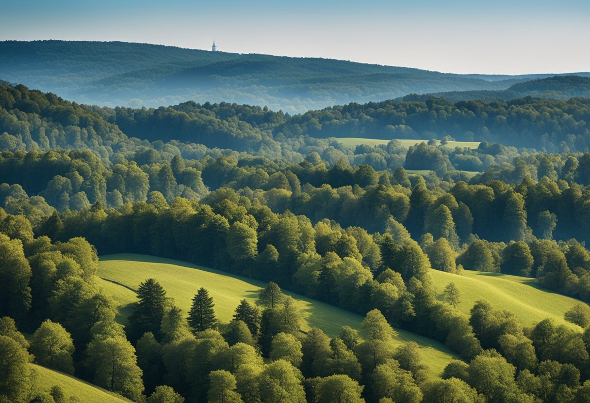 Rolling hills and forests surround Berlin, Germany. A clear blue sky overlooks the landscape, with a focus on environmental conservation efforts