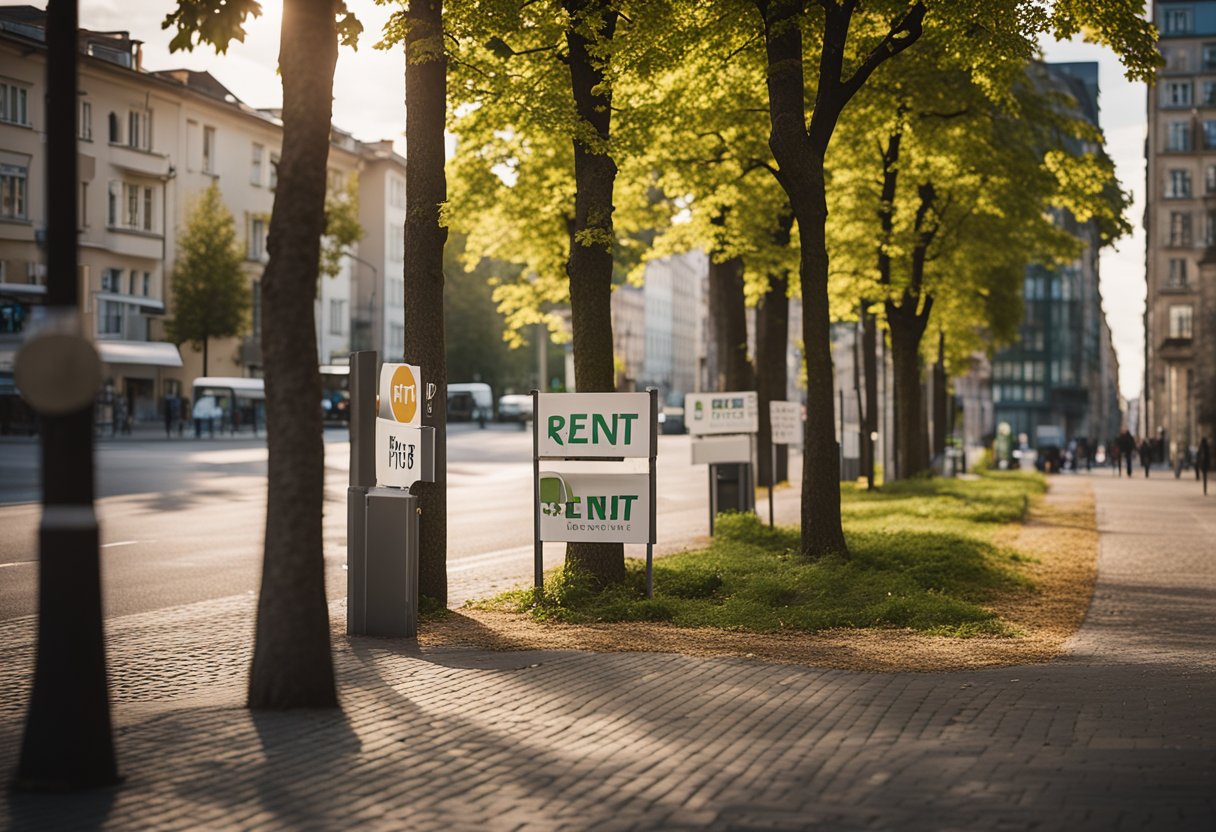 Several houses with "For Rent" signs in Berlin, Germany. Street view with trees and pedestrians in the background