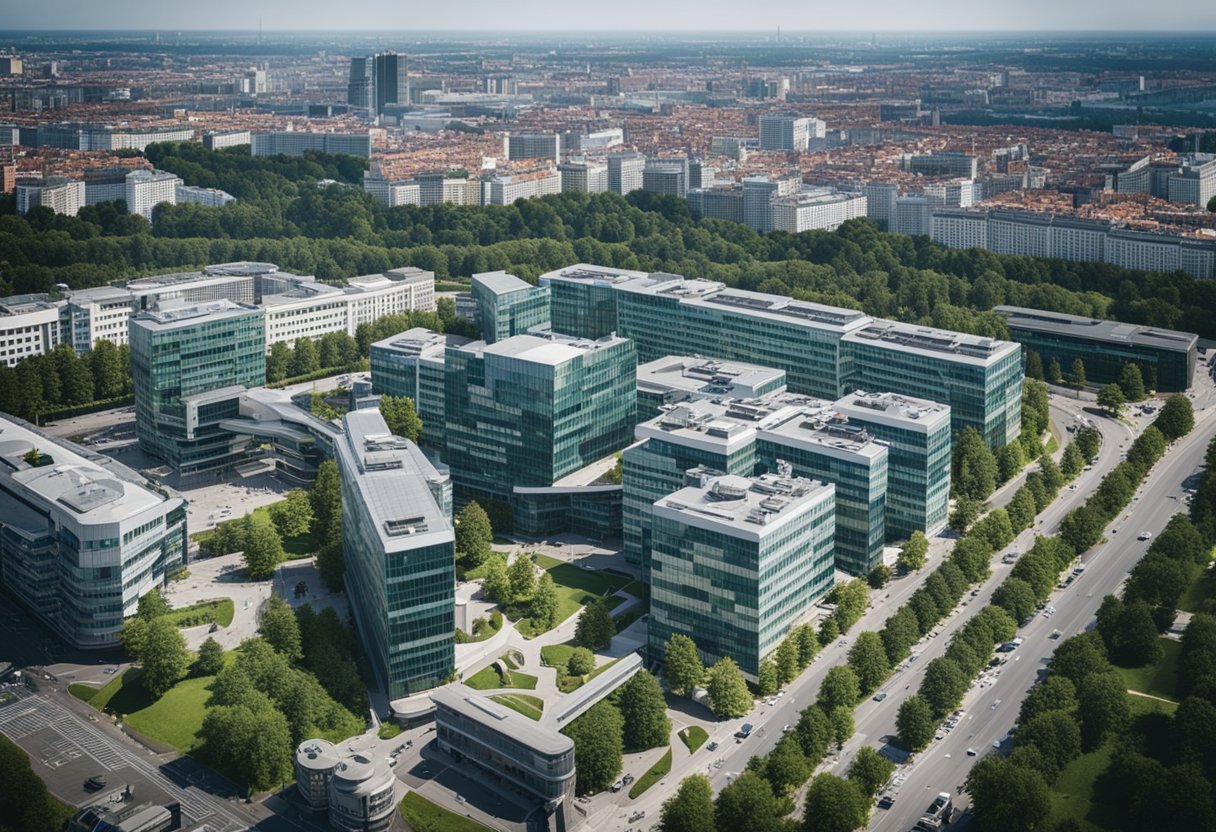 Ein weitläufiger Krankenhauskomplex mit modernen Gebäuden und geschäftigem Treiben, umgeben von der Stadtlandschaft Berlins, Deutschland