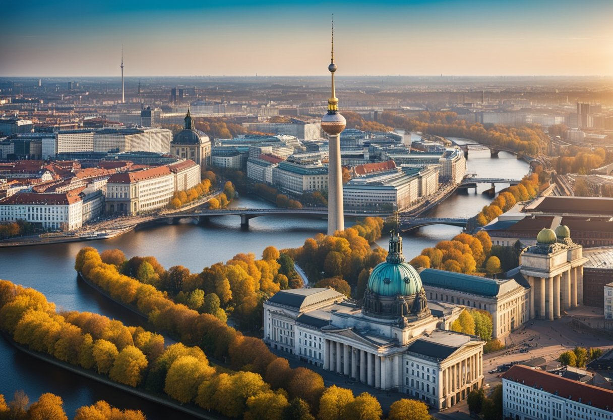 Berlins Skyline mit ikonischen Wahrzeichen wie dem Fernsehturm und dem Brandenburger Tor vor einer Kulisse aus sanften Hügeln und der Spree