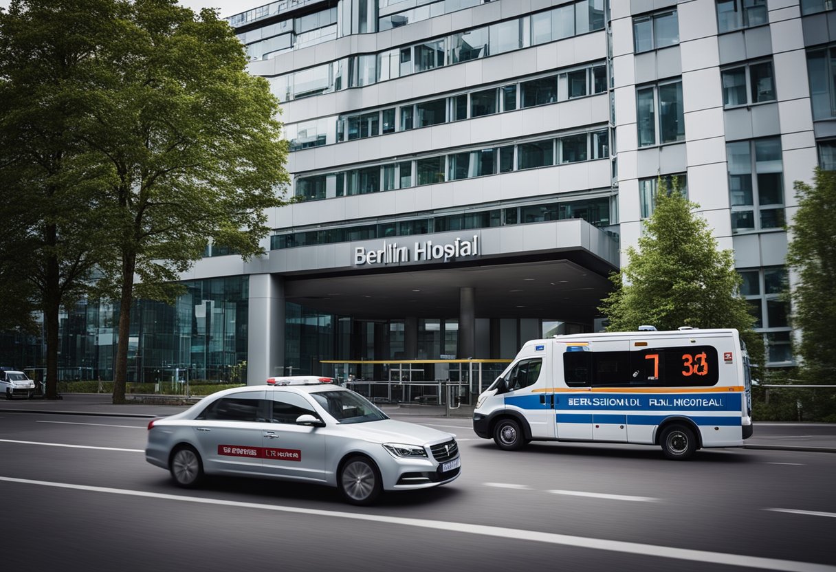 Über dem Eingang hängt ein Schild mit der Aufschrift "Berlin Hospital", im Hintergrund ein modernes Gebäude und emsige Krankenwagen
