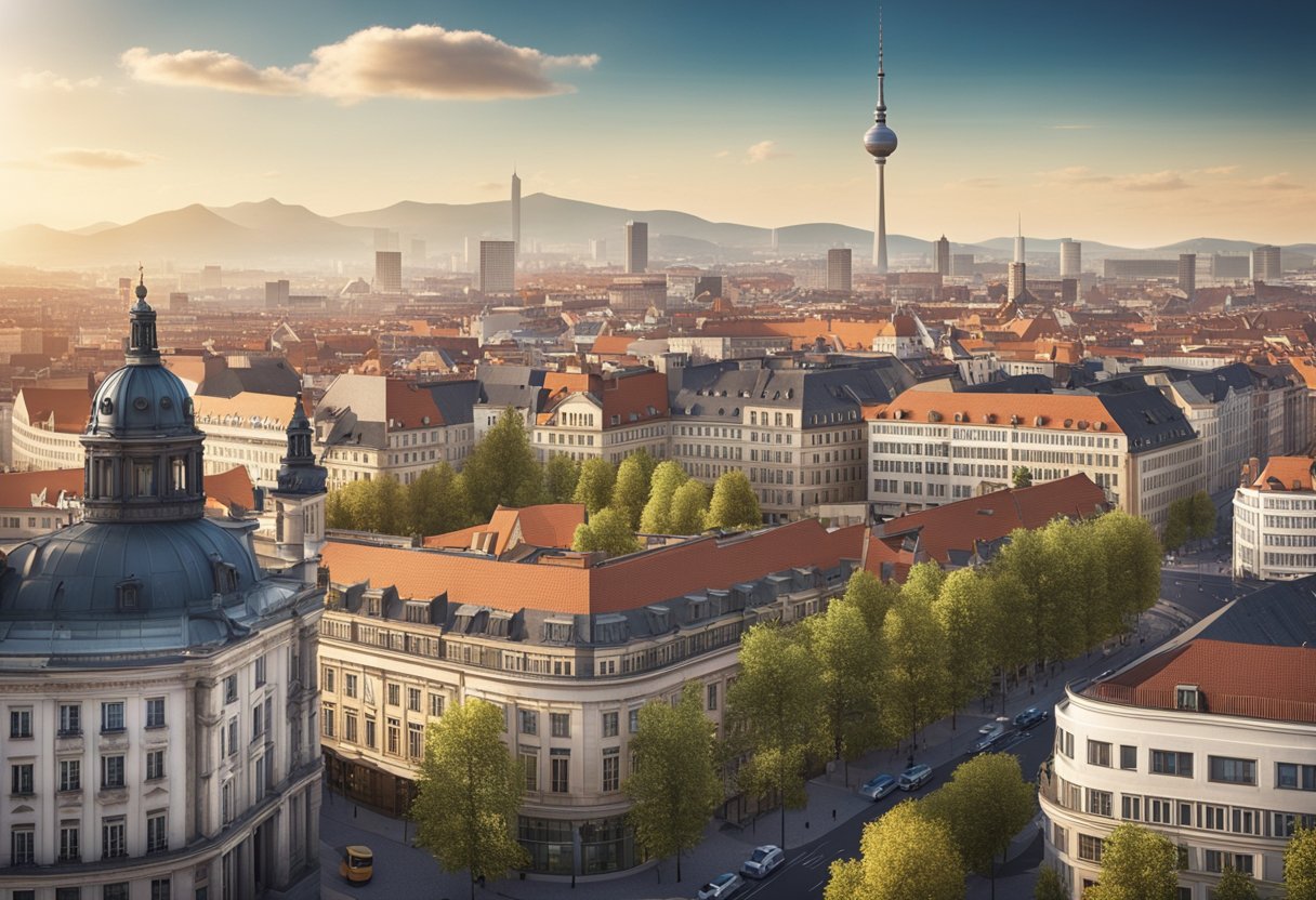 The illustration shows a cityscape of Berlin, Germany with prominent mountains in the background. The scene is clear and depicts the question being asked