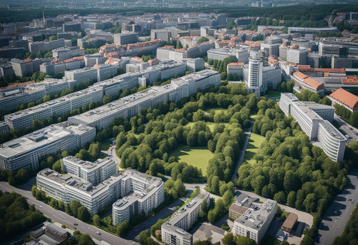 Luftaufnahme des Berliner Krankenhausviertels mit modernen Gebäuden und Grünflächen