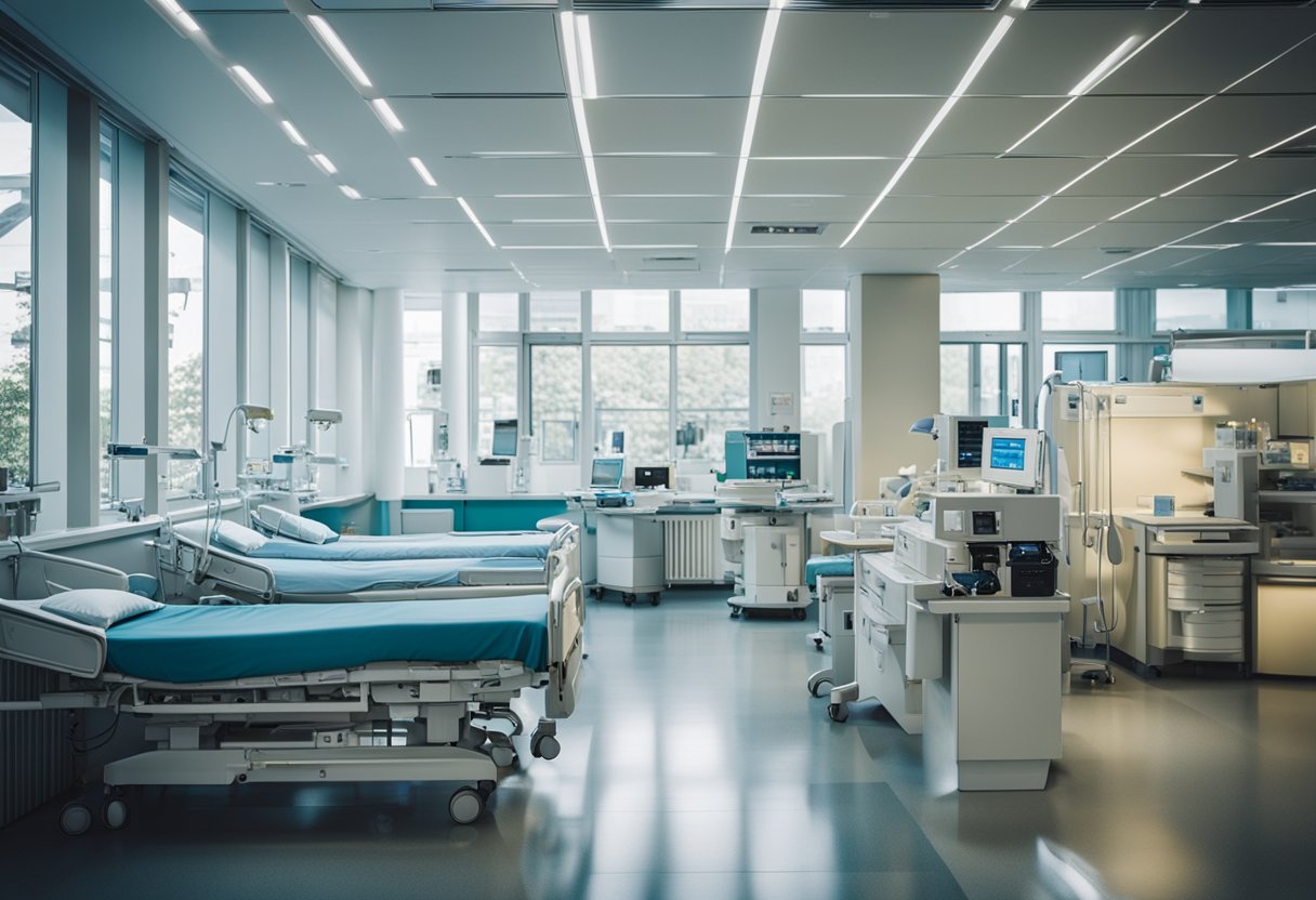 Ein belebtes Krankenhaus in Berlin, Deutschland, mit verschiedenen medizinischen Abteilungen und Diensten, einschließlich Notfallversorgung, Chirurgie und spezialisierten Behandlungsbereichen