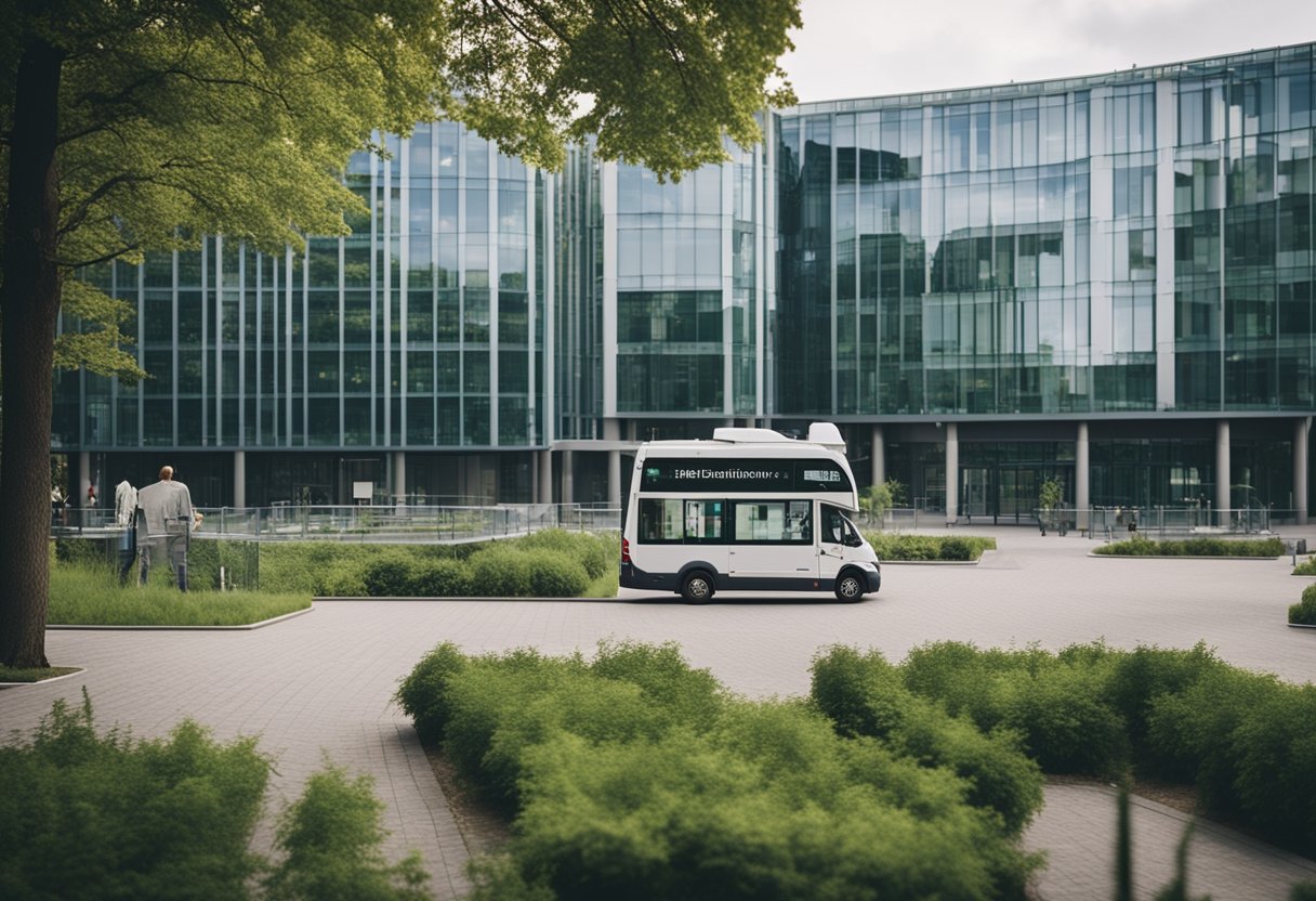 Ein geschäftiges Krankenhaus in Berlin, Deutschland, mit moderner Architektur und einem großen, von Grünanlagen umgebenen Campus