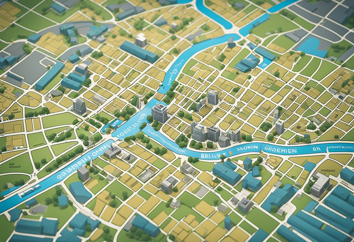 Berlin's administrative structure: a map of the city with labeled government buildings and districts. Latitude: 52.52° N