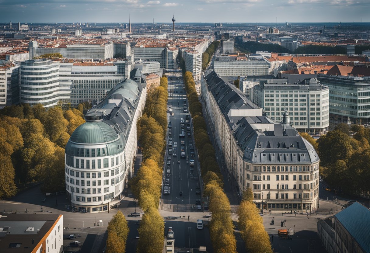 Die urbane Landschaft von Berlin, Deutschland, mit hoch aufragenden Gebäuden und einem geschäftigen Stadtbild vor der Kulisse der verschiedenen Höhenlagen der Stadt