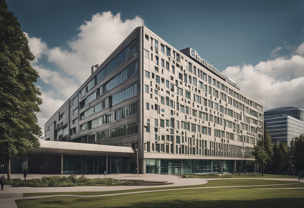Ein großes, modernes Krankenhausgebäude in Berlin, Deutschland, mit dem Namen "Charité - Universitätsmedizin Berlin" an der Fassade