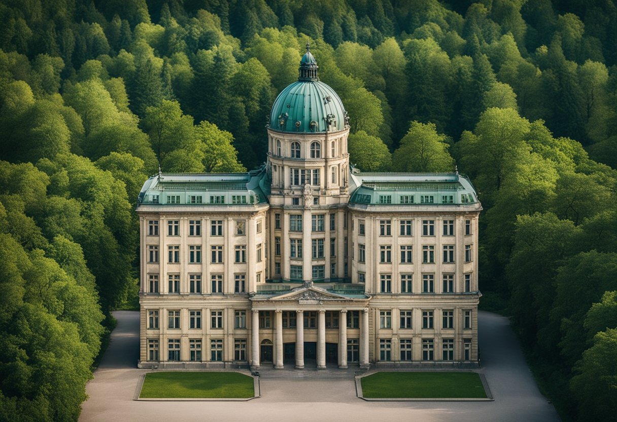 A grand, imposing building stands in the heart of Berlin, surrounded by lush greenery. The sanatorium exudes an air of tranquility and healing, with its ornate architecture and serene surroundings